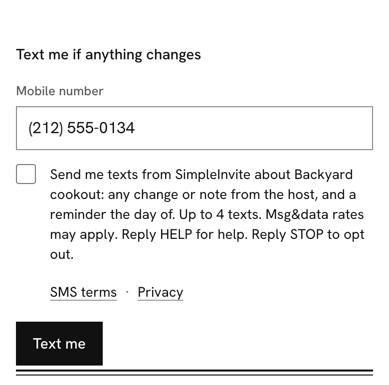 The open offer: the mobile number field, the unchecked box beside the wording about texts from SimpleInvite, the SMS terms and privacy links, and Text me.