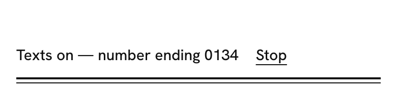 The same row after the guest ticked the box and pressed Text me: Texts on, number ending 0134, with Stop beside it.